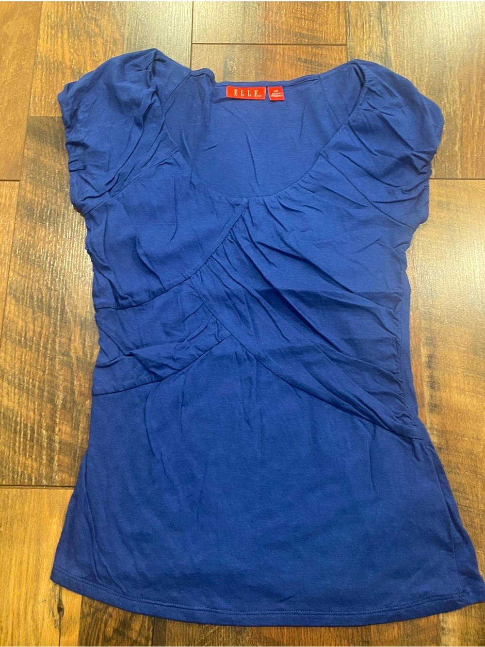 ELLE Women's Royal Blue Short Sleeve Ruched V-Neck Top size XS
